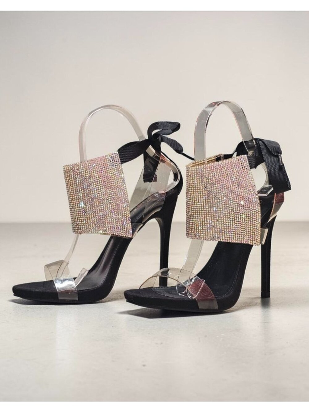 Black High Heel Sandals With Rhinestone Embellished Panels Clear Straps & Ribbon